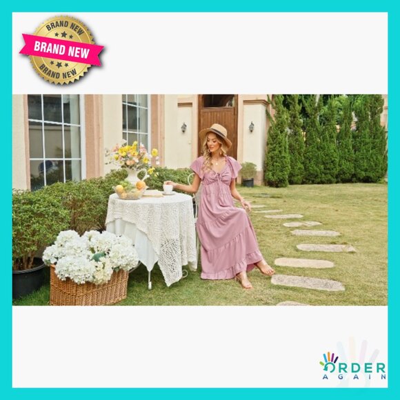 Summer Maxi Dress Flutter Sleeve V Neck Tie Front Tiered Flowy Wedding Guest - Picture 7 of 7